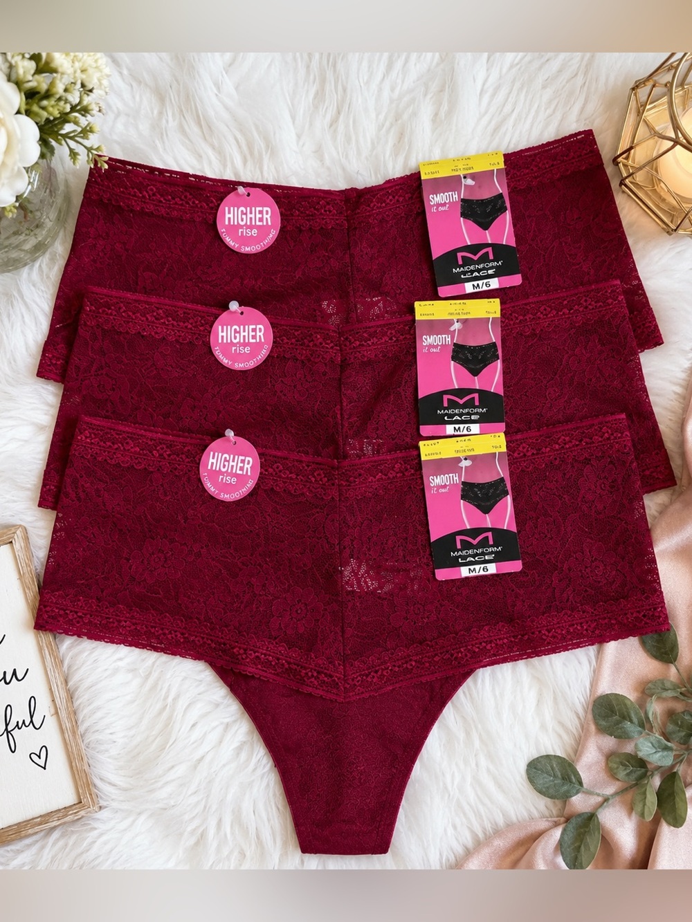 Maidenform Smooth It Out Higher Rise Lace Thong Panties 3-Pack NWT M/6